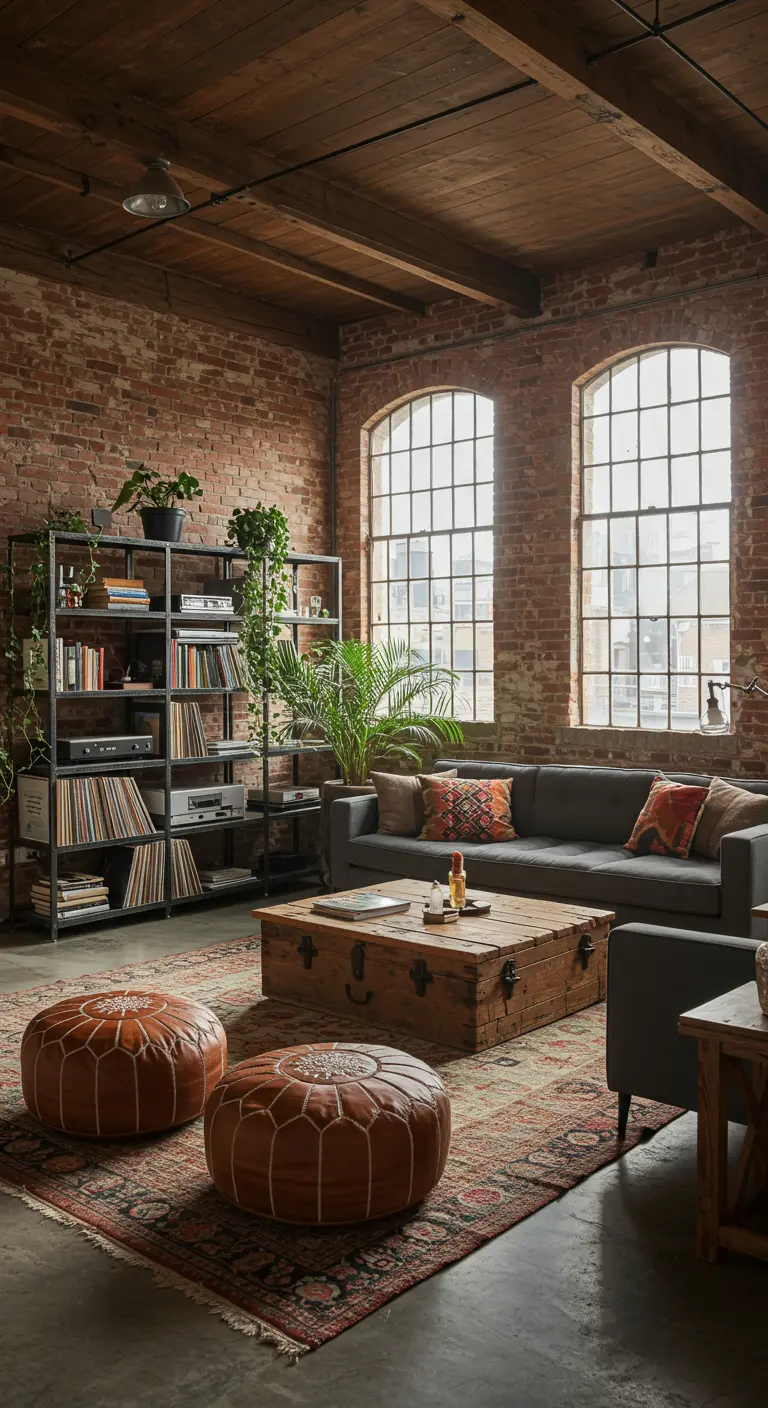 Industrial loft living room with brick walls, metal shelving, and two leather Moroccan poufs.