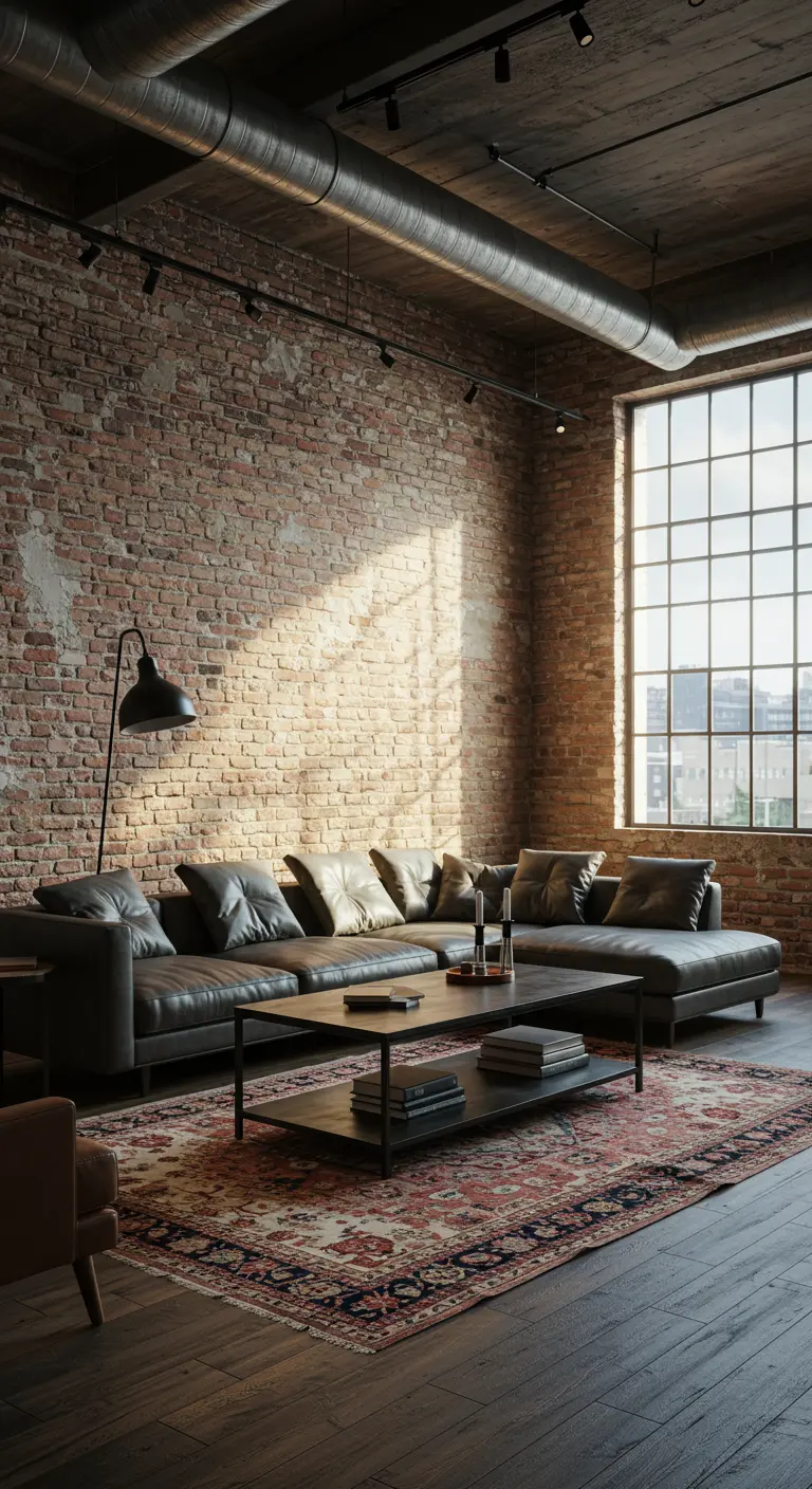 Low-profile leather sectional on a Persian rug in a brick loft living room.