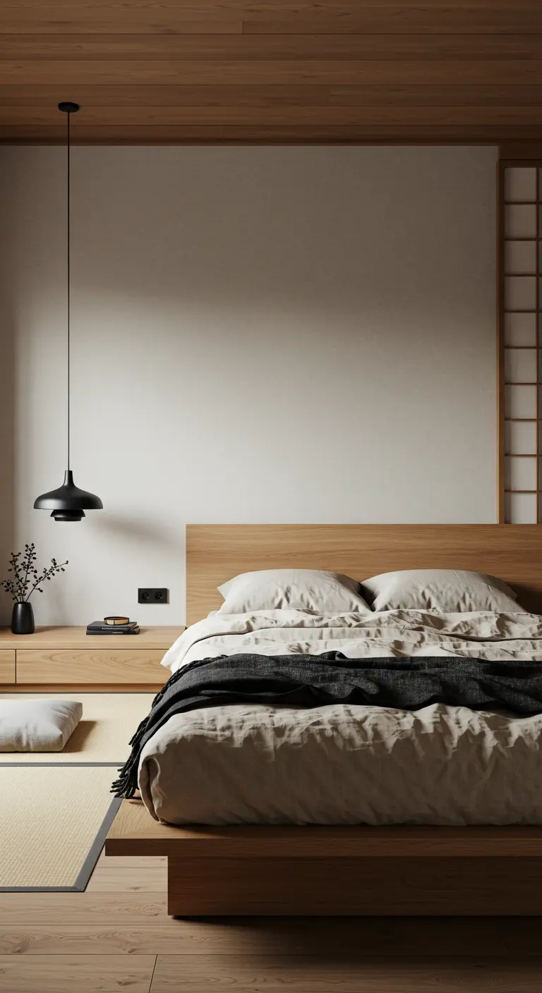 Minimalist bedroom with a low wooden platform bed and a black pendant light.