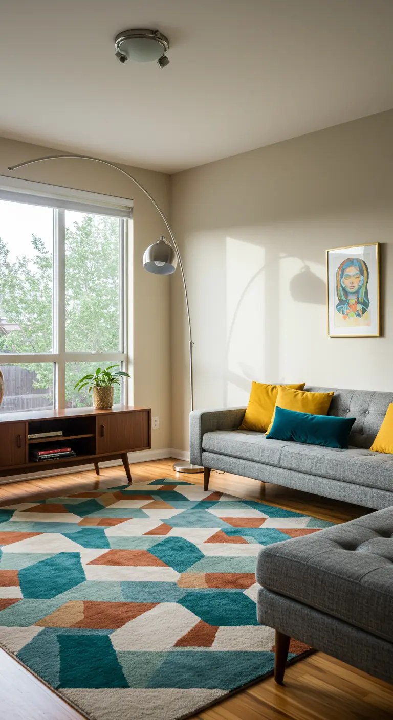 Mid-century living room with a colorful geometric rug and a silver arc floor lamp.