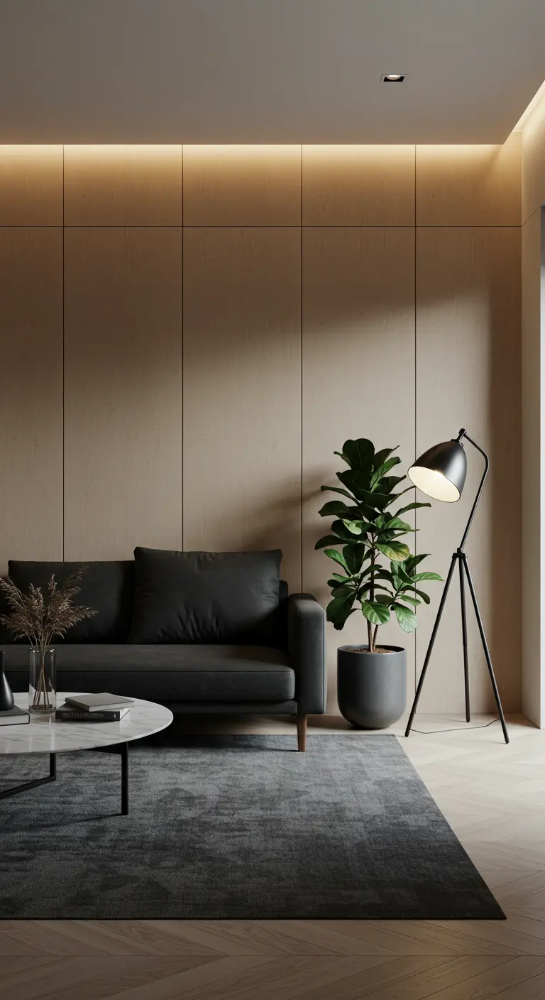 A minimalist living room with a dark gray sofa against a beige paneled wall.