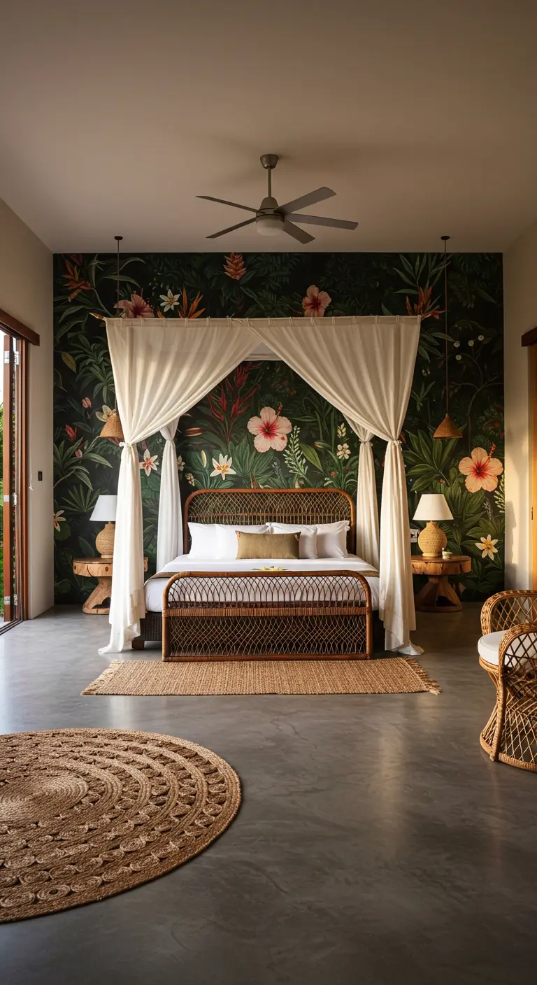Bedroom with a dark tropical floral mural and a rattan canopy bed draped in white curtains.