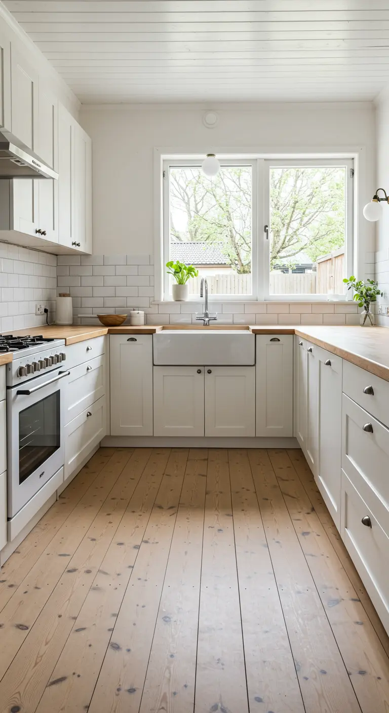 U-shaped Scandinavian kitchen with white cabinets, wood countertops, and a central farmhouse sink.