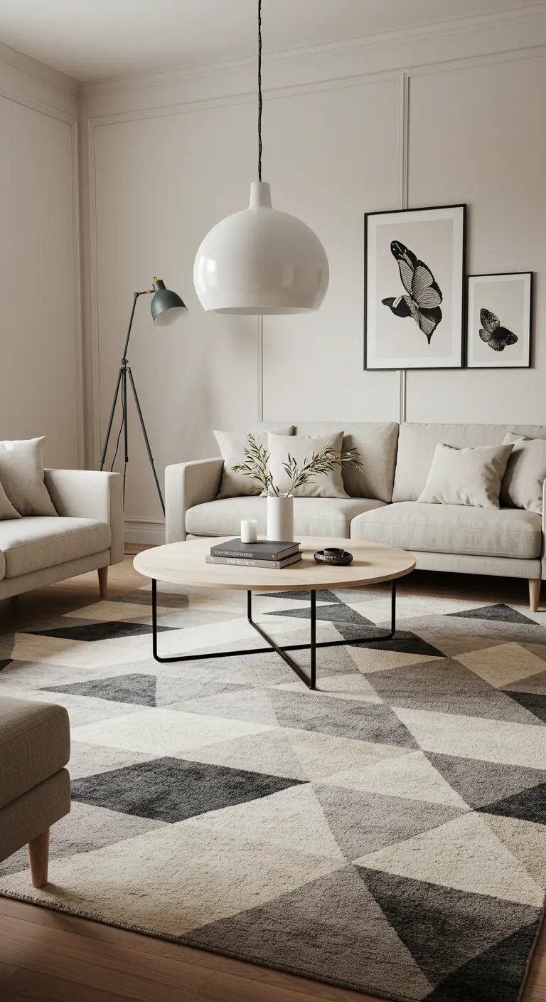 Living room with a neutral sofa and a large geometric-patterned rug in black, grey, and cream.