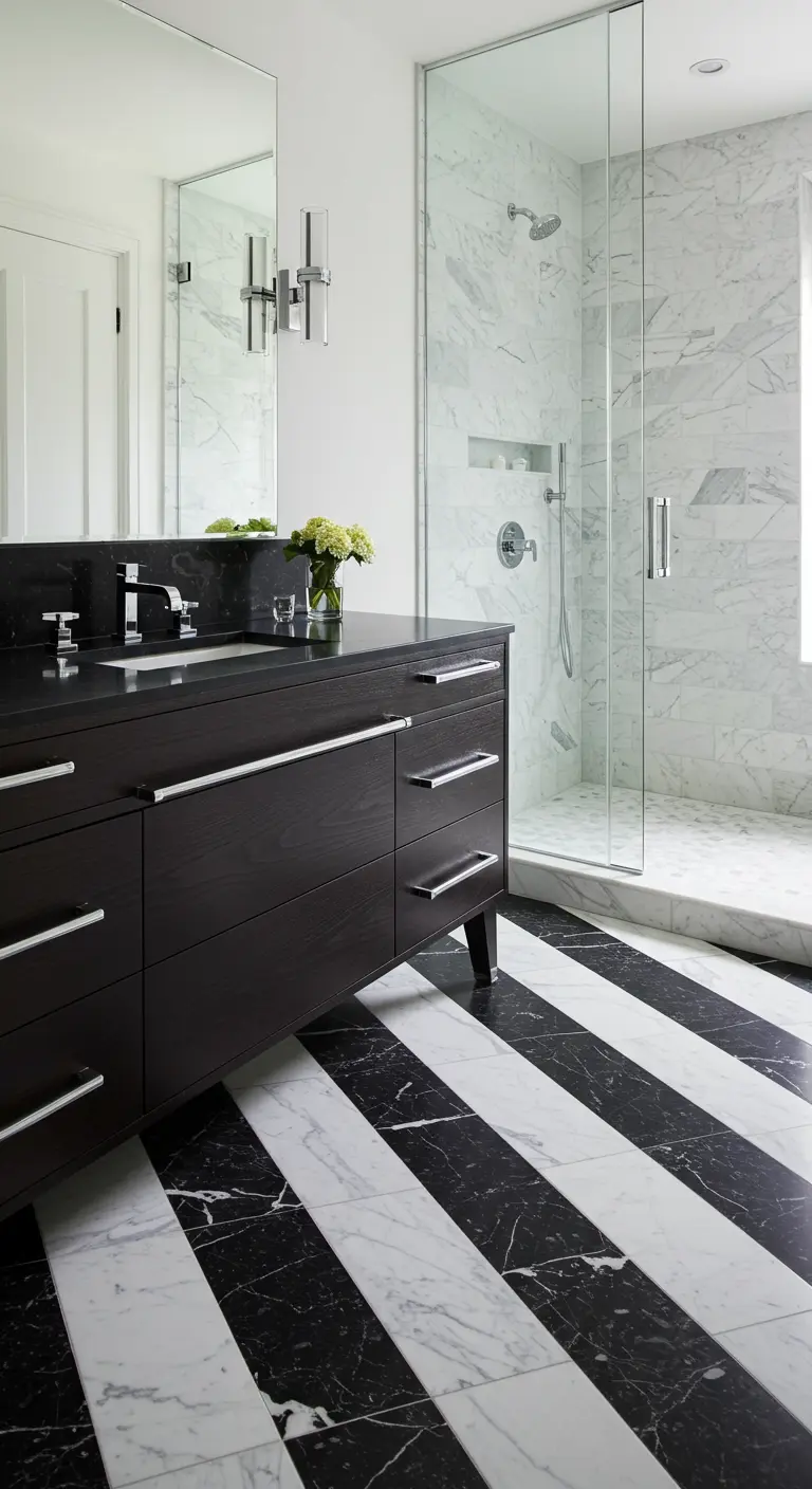 Bathroom with a dramatic black and white striped marble floor and a dark vanity.