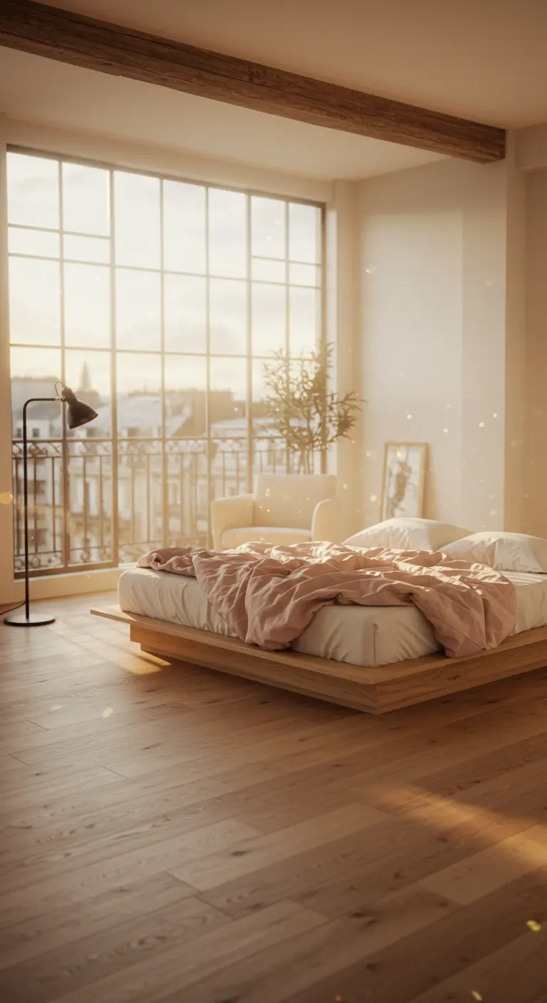 A low platform bed with a pink duvet in a sunny loft with floor-to-ceiling windows.