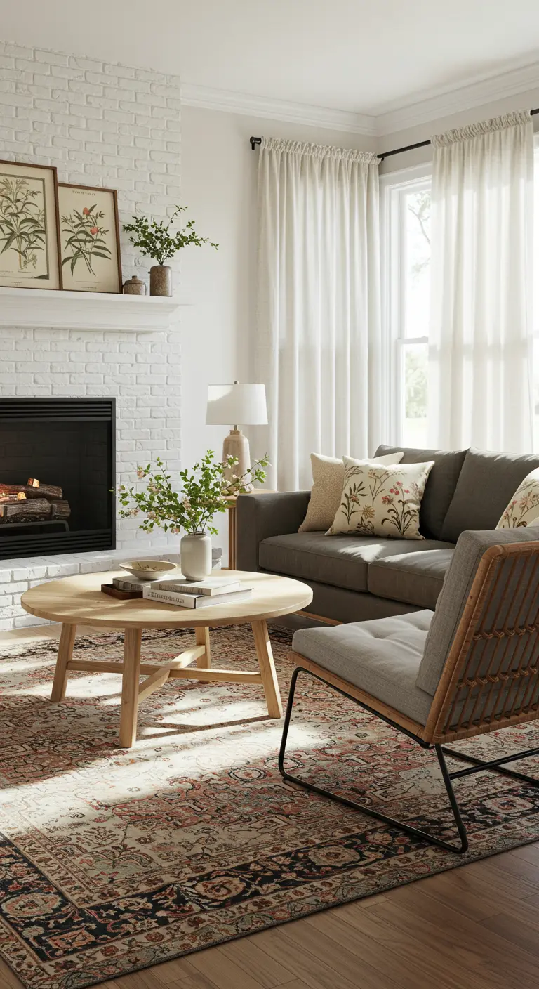 Living room with a white brick fireplace, charcoal sofa, and a large Persian-style rug.