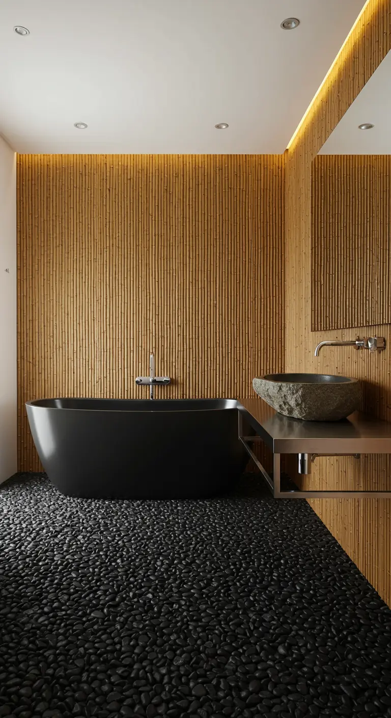 Bathroom with black river rock flooring, a black tub, and bamboo-paneled walls.