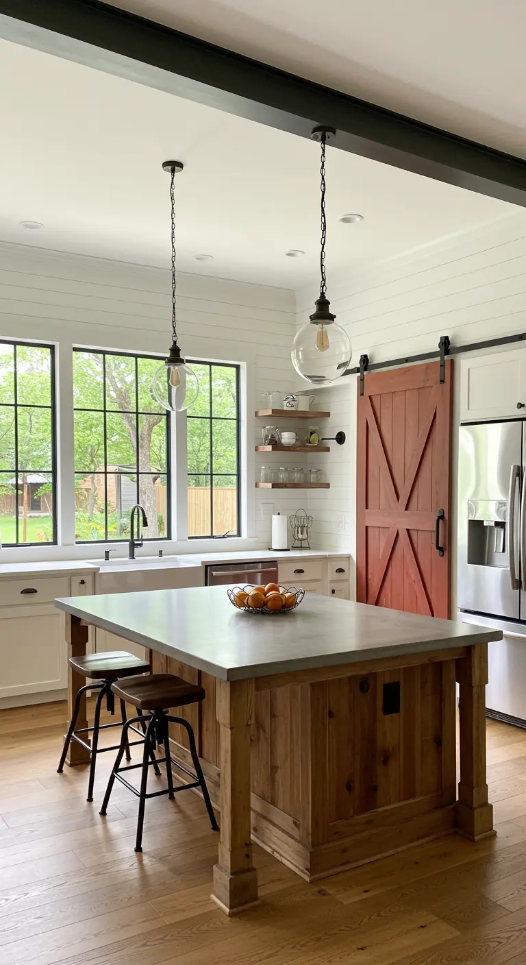 Farmhouse kitchen with a wood island, white shiplap walls, and a striking red barn door.