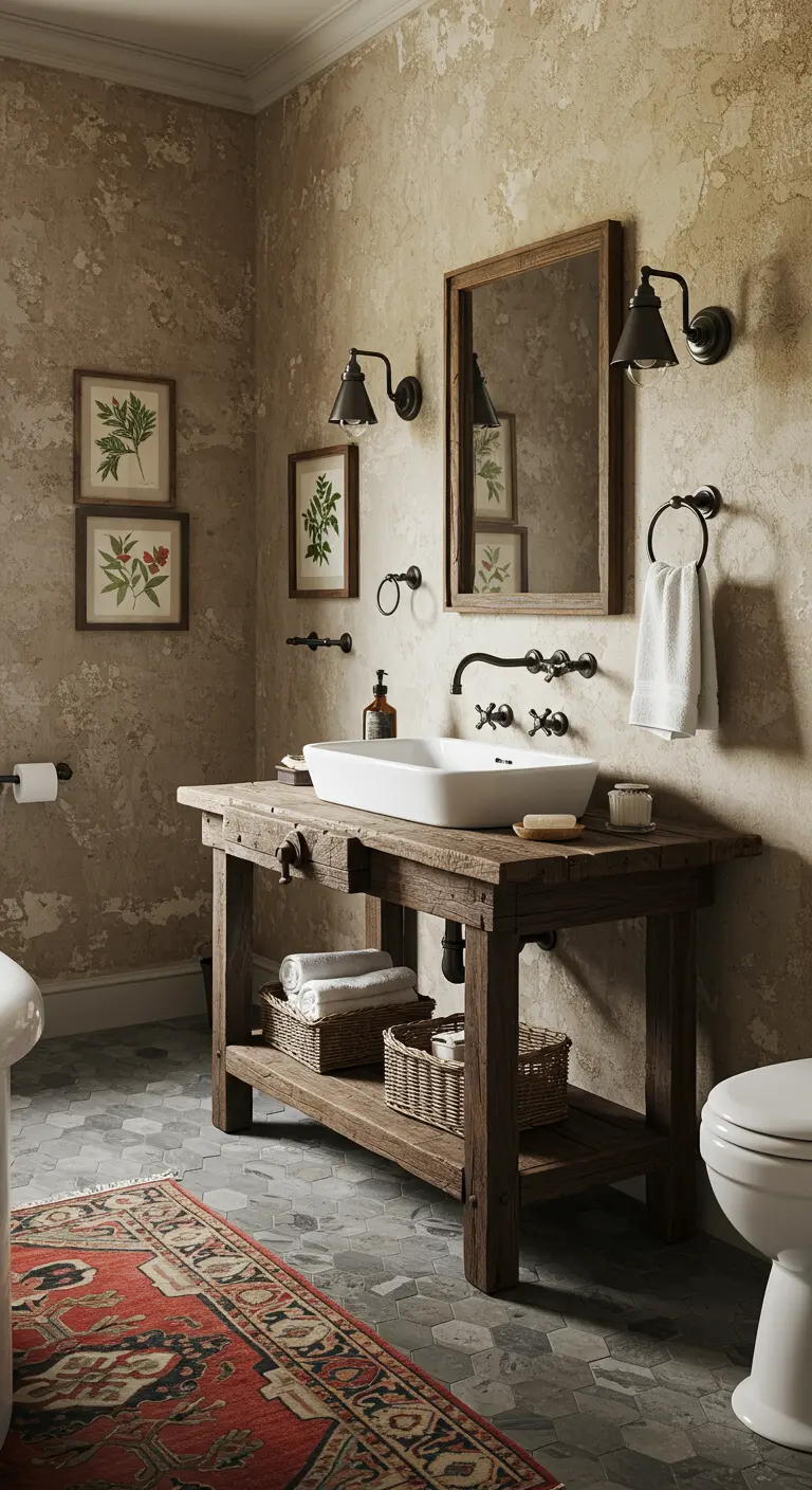 Rustic bathroom with a dark wood vanity, slate floors, and a colorful vintage-style Persian rug.