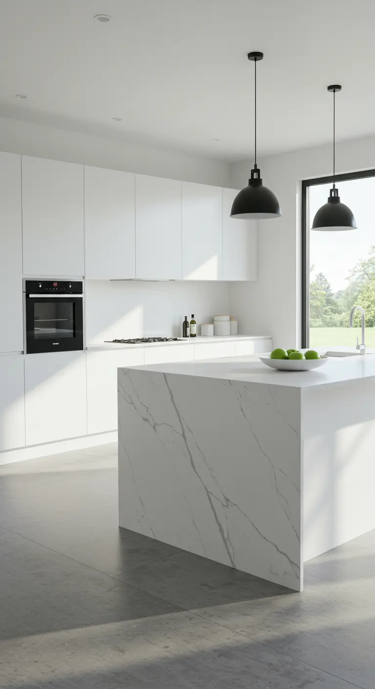 Minimalist white kitchen with a marble waterfall island and black pendant lights.