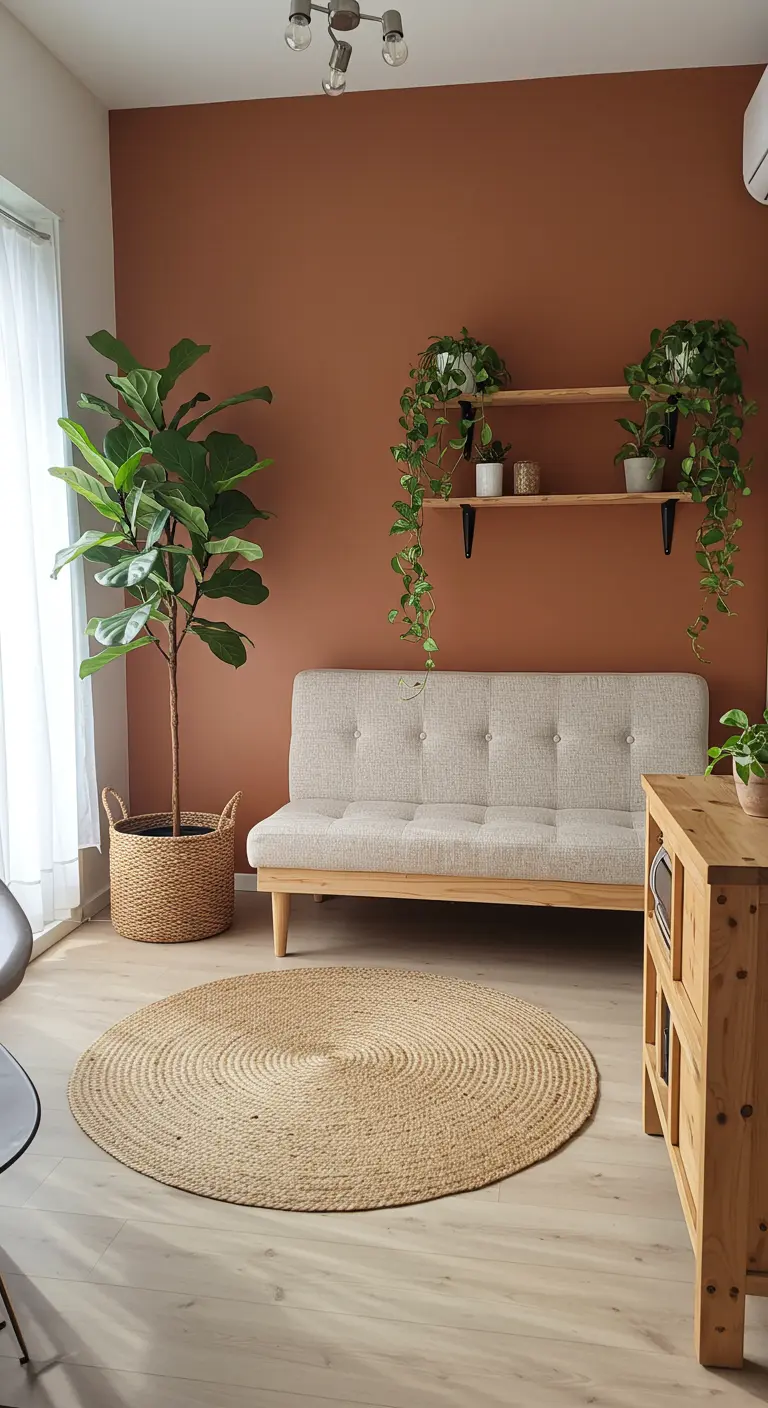 A living room with a terracotta accent wall, a beige loveseat, and a large fiddle-leaf fig.