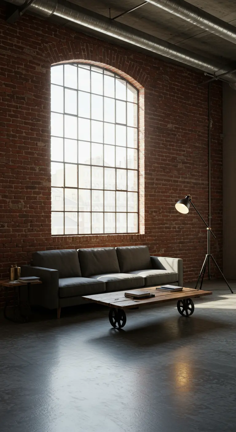 A minimalist loft living room with a grey sofa against a red brick wall and a large arched window.