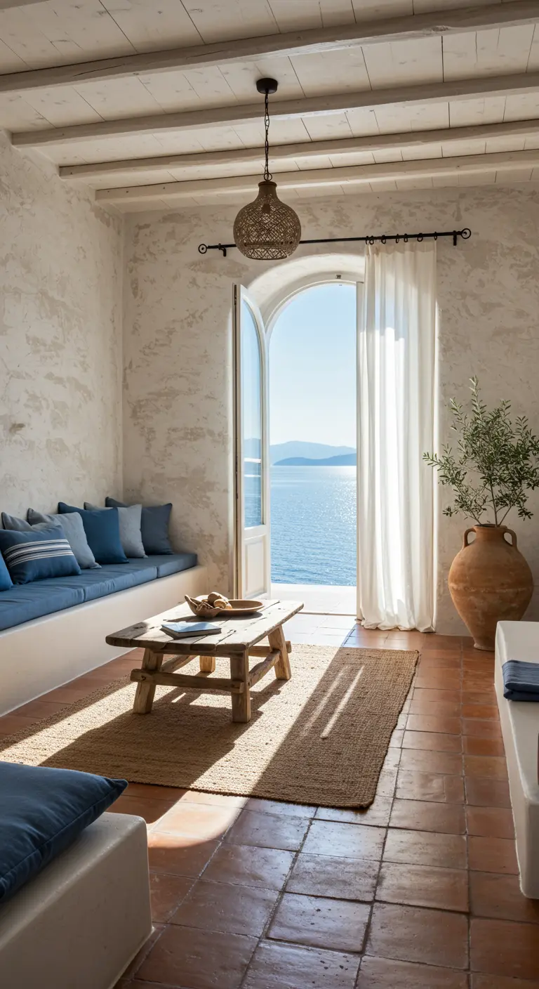 Living room with blue cushions on a built-in sofa, overlooking the ocean.