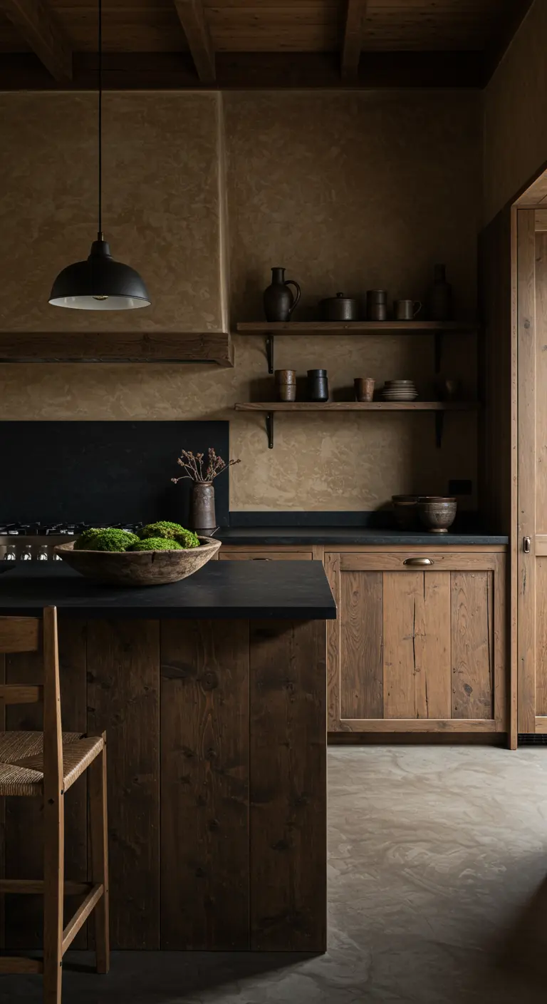 Rustic dark wood Japandi kitchen with textured plaster walls and a black island.