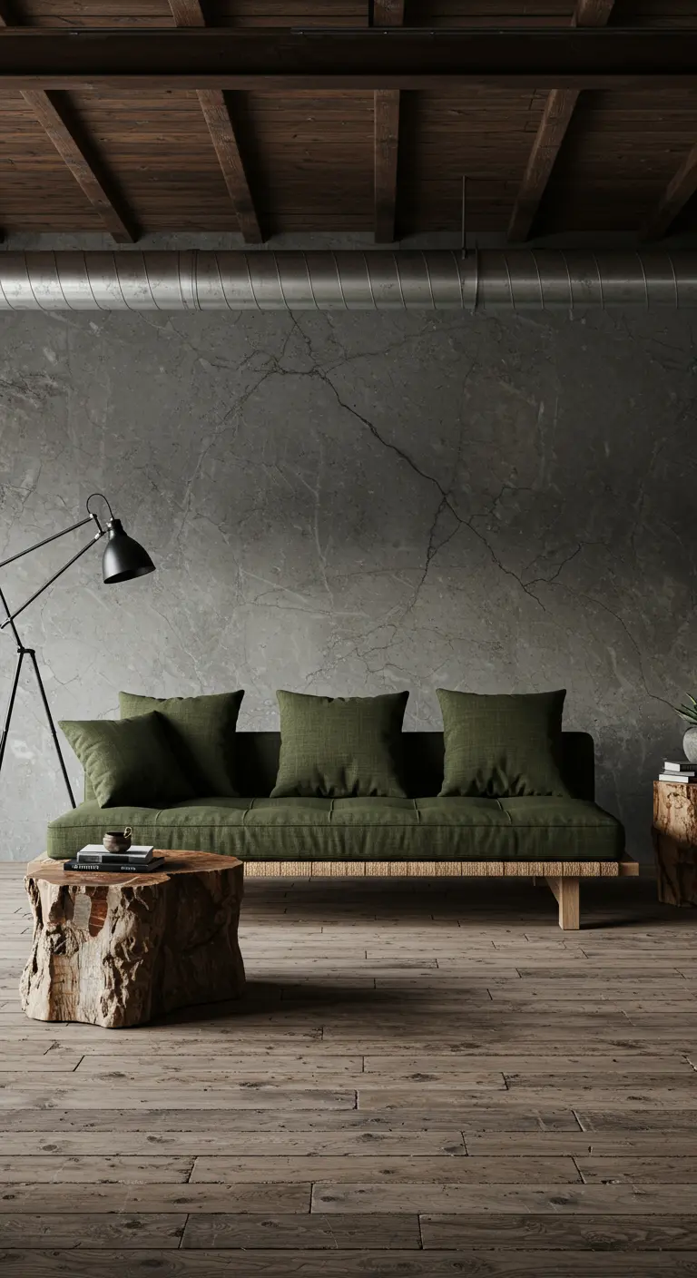 Earthy loft with a textured gray wall, olive green sofa, and a rustic wood stump coffee table.