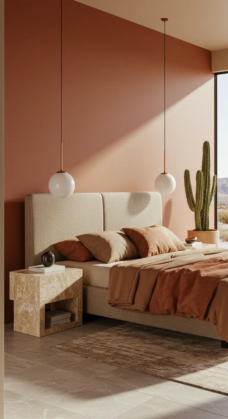 Bedroom with terracotta walls and a chunky travertine block nightstand.