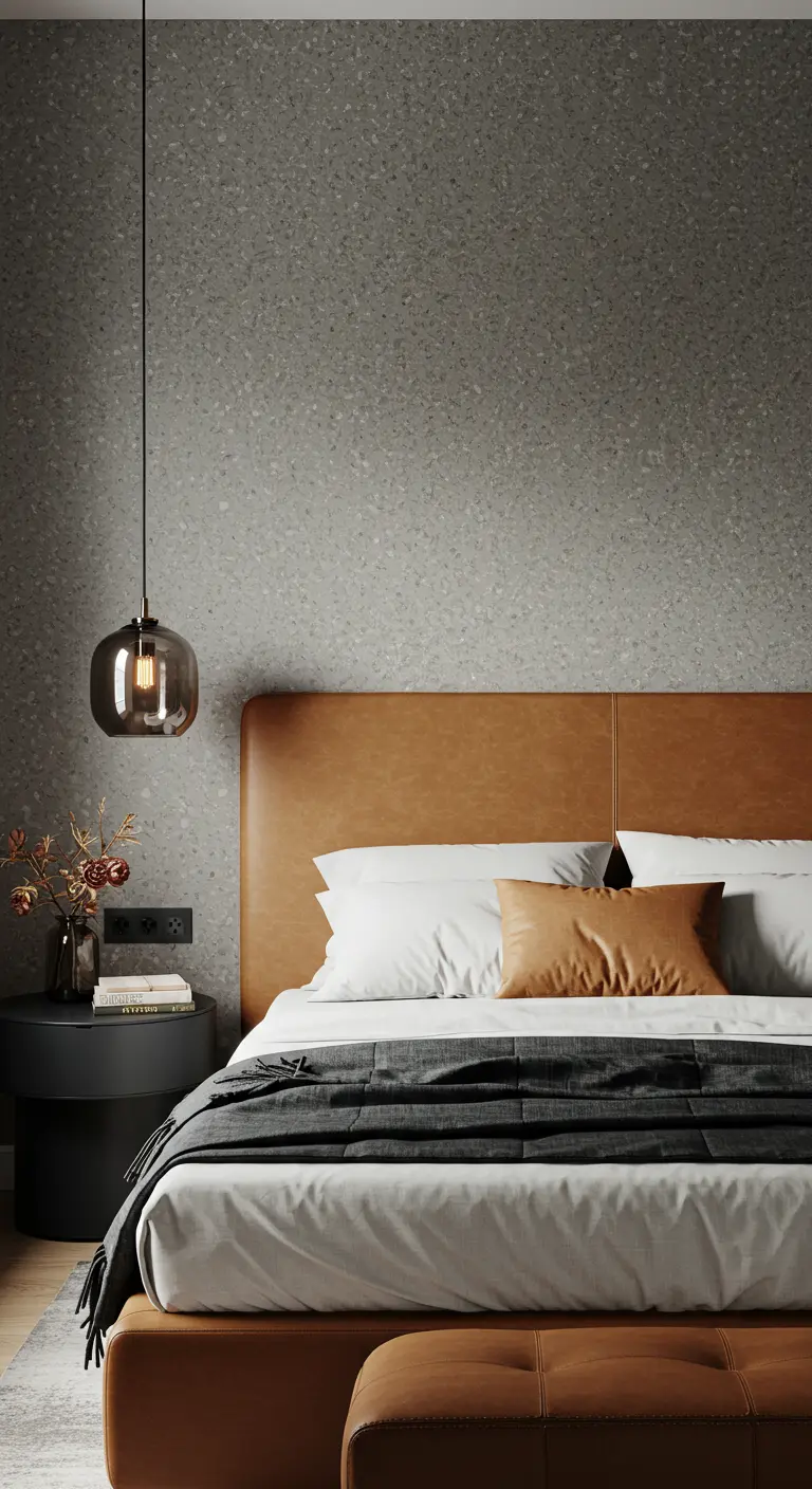 Contemporary bedroom with terrazzo wallpaper and a cognac leather headboard.
