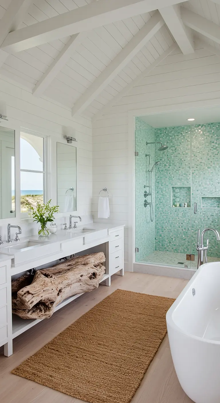 Bright coastal bathroom with white shiplap, a driftwood log under the vanity, and aqua mosaic tile.