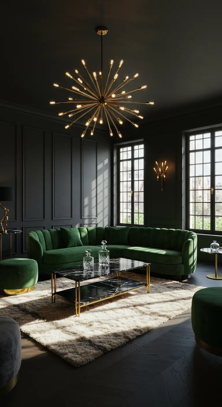 A moody, dark-walled living room with a large emerald green velvet sectional and a brass starburst chandelier.