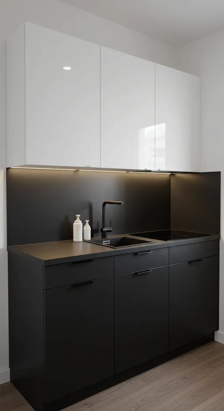 Small kitchen with matte black base cabinets and glossy white upper cabinets.