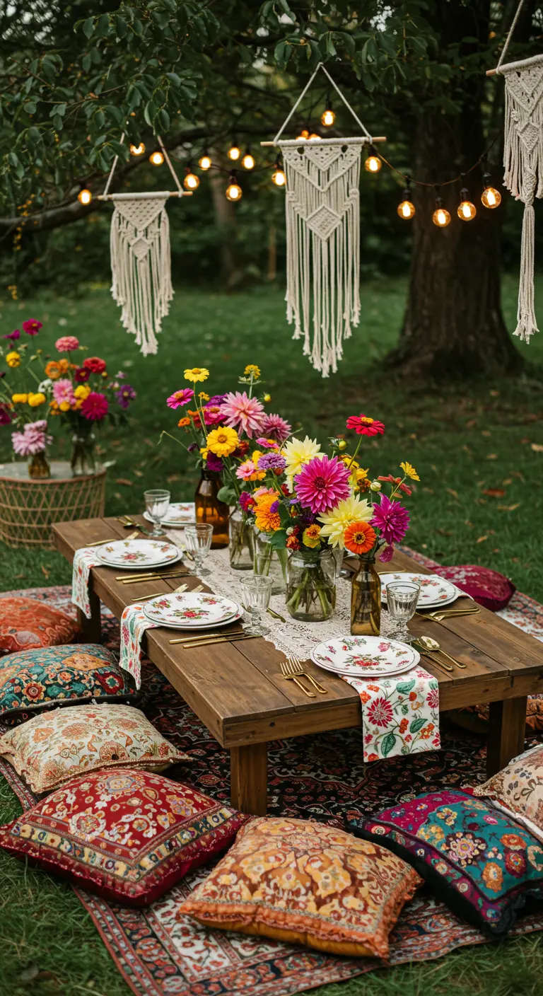 A low wooden table set for a boho picnic on the grass with colorful cushions.