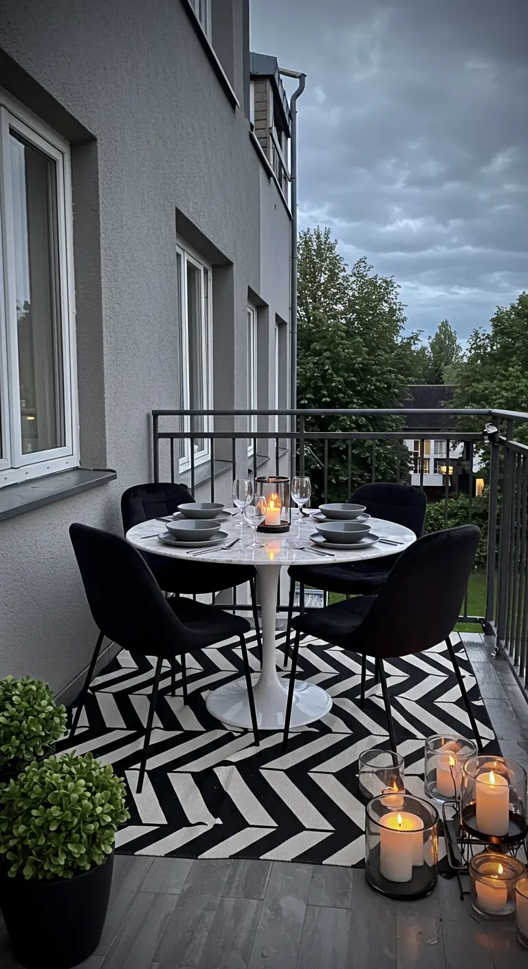 A balcony dining set with black velvet chairs on a bold black-and-white chevron rug.