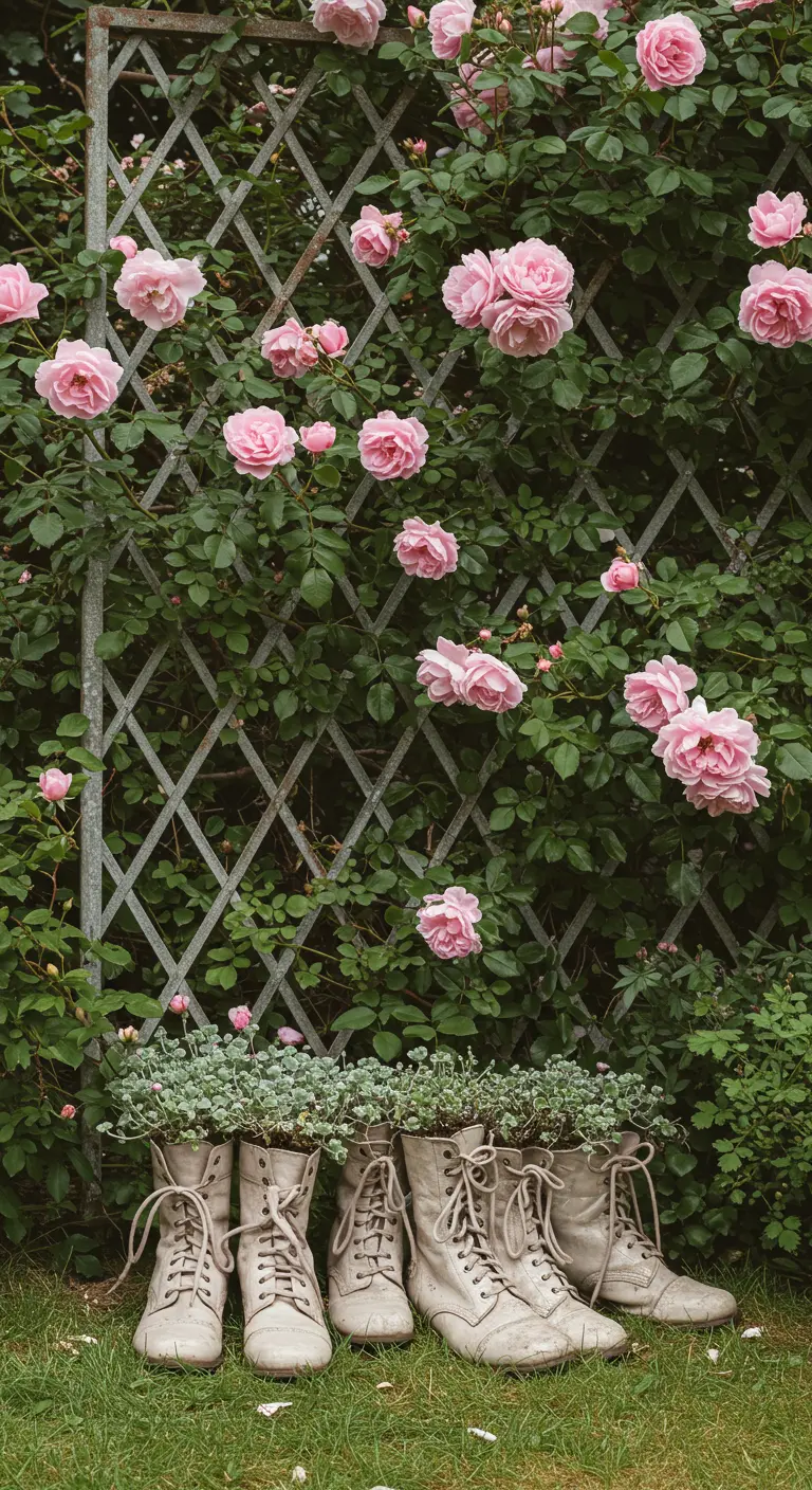 Light-colored vintage boots with succulents at the base of a trellis of pink roses.
