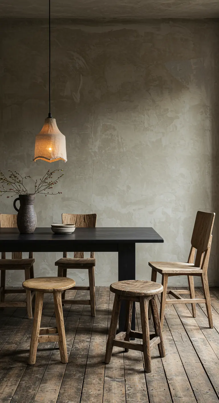 Rustic dining space with a black table, mismatched rough wood chairs, and textured walls.