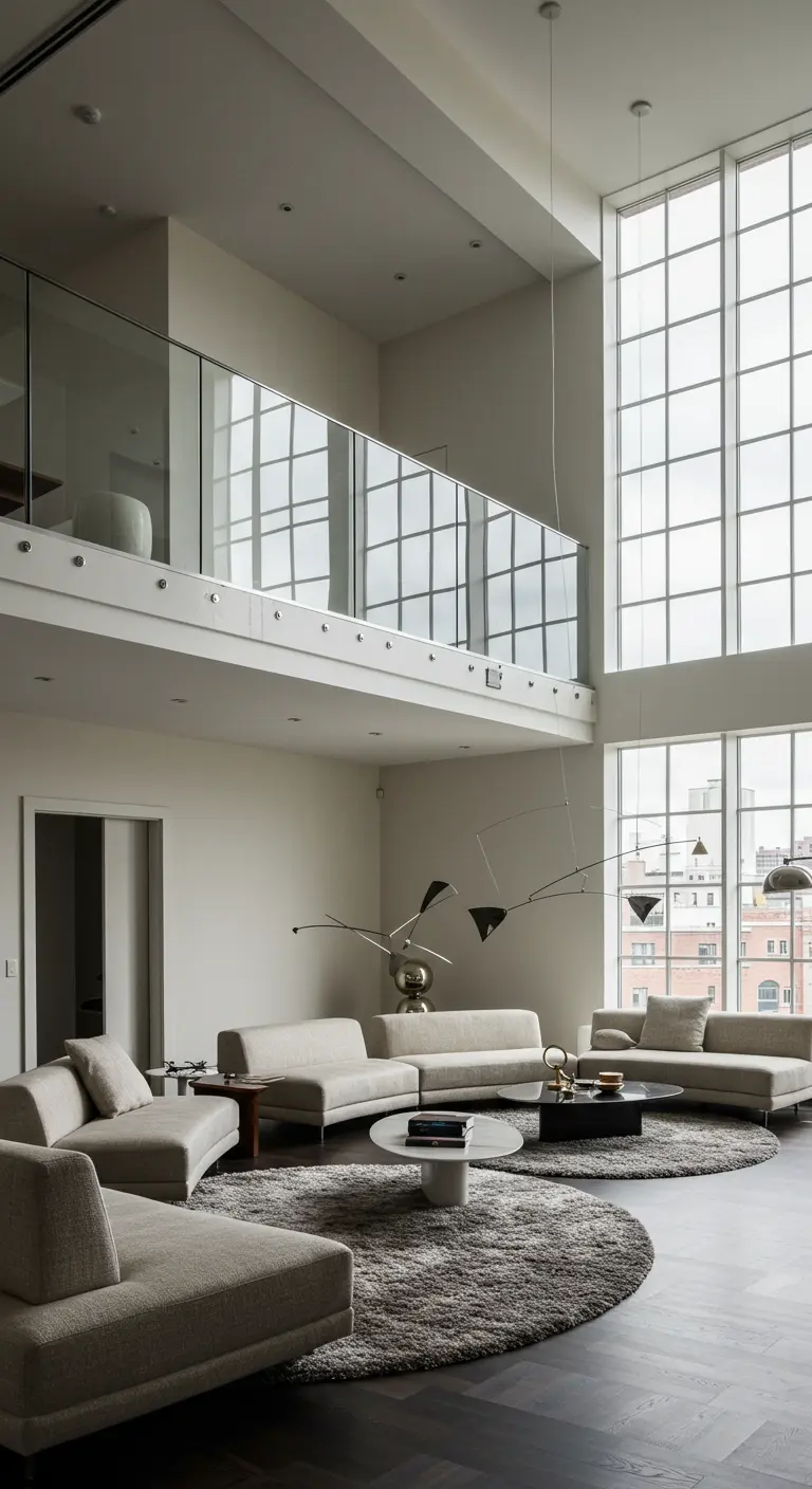 A spacious loft living room with double-height windows, a mezzanine, and a large mobile chandelier.