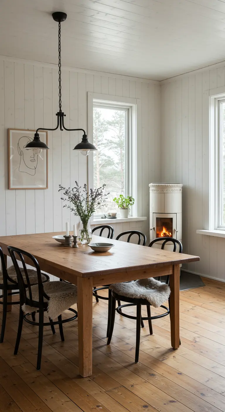 Rectangular oak dining table with black chairs draped in sheepskin throws, black chandelier, and a white ceramic fireplace.