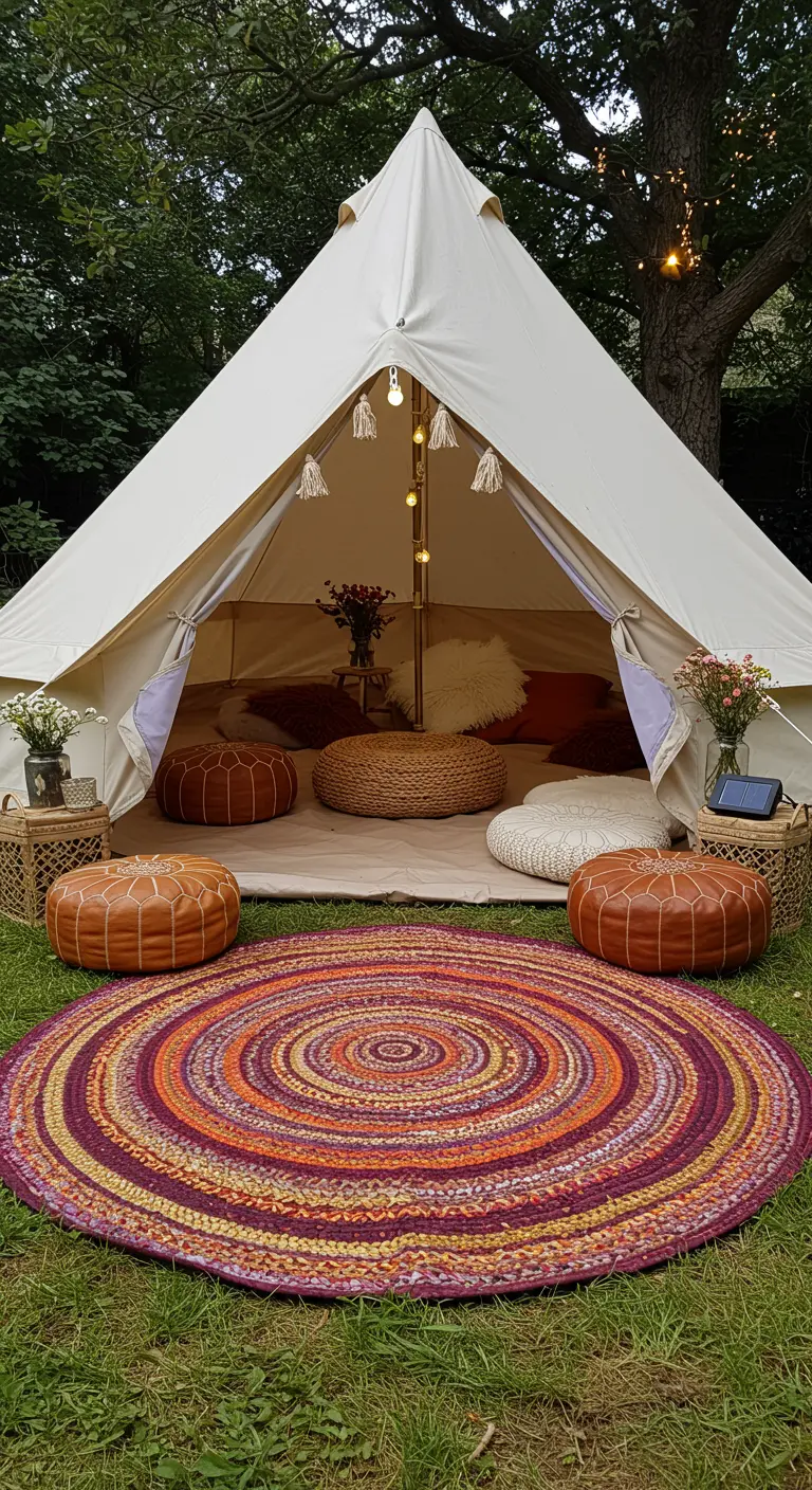 A round, colorful rug on the grass in front of a canvas bell tent with leather poufs.
