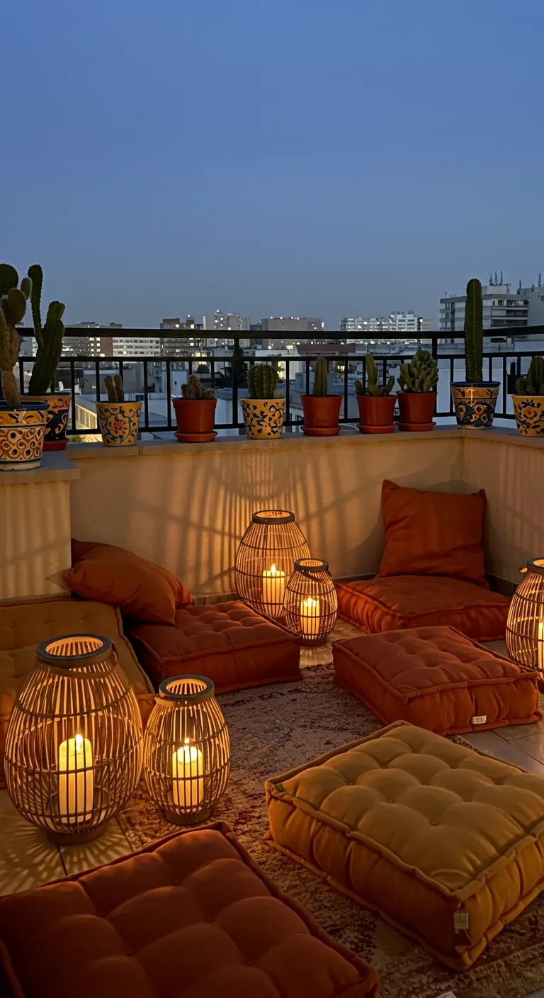 A balcony at dusk with glowing bamboo lanterns scattered among burnt-orange floor cushions.