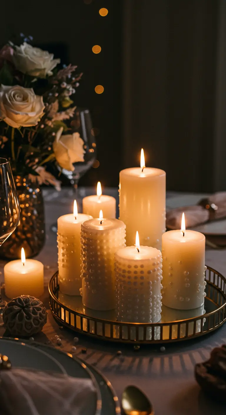 A cluster of white pillar candles with pearl-like textures, lit and arranged on a gold tray.
