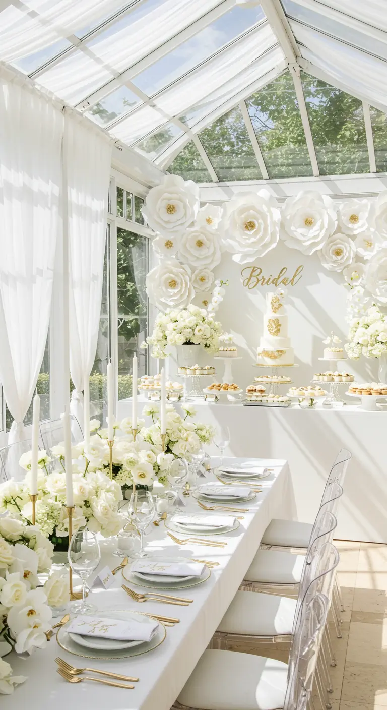 A bridal shower dessert table with a wall of white and gold paper flowers.