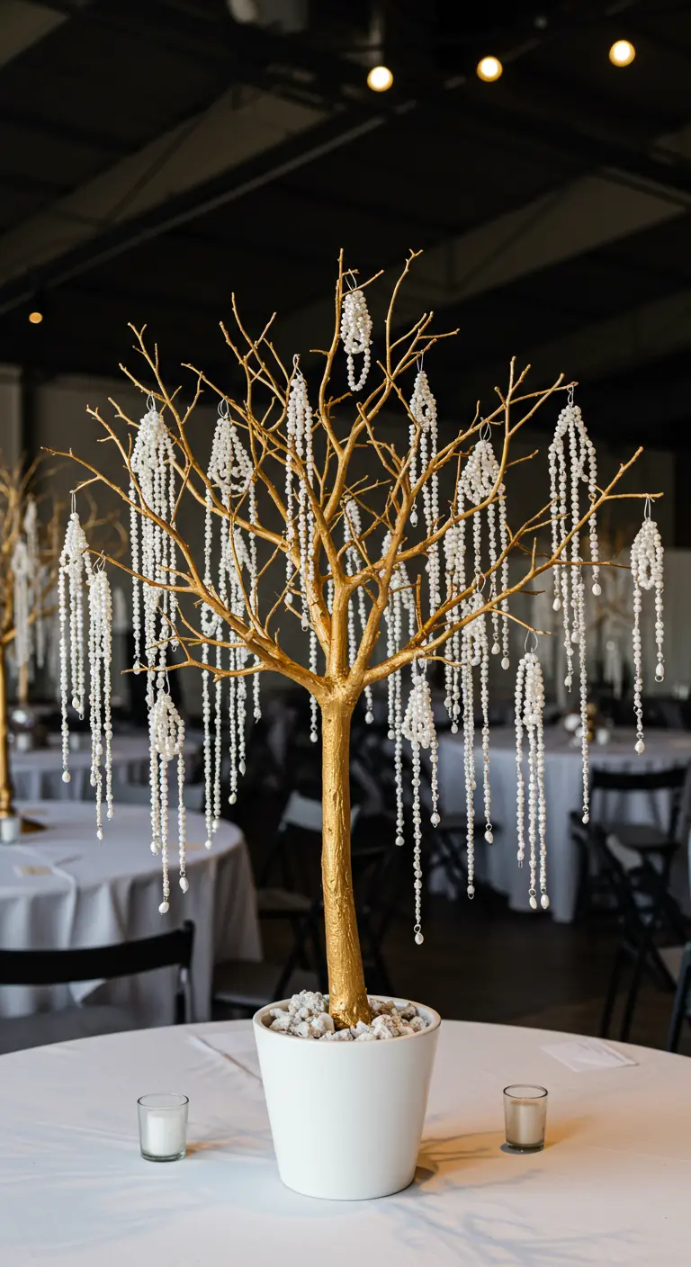 A tabletop tree made of gold branches, decorated with dripping strands of pearl and crystal beads.
