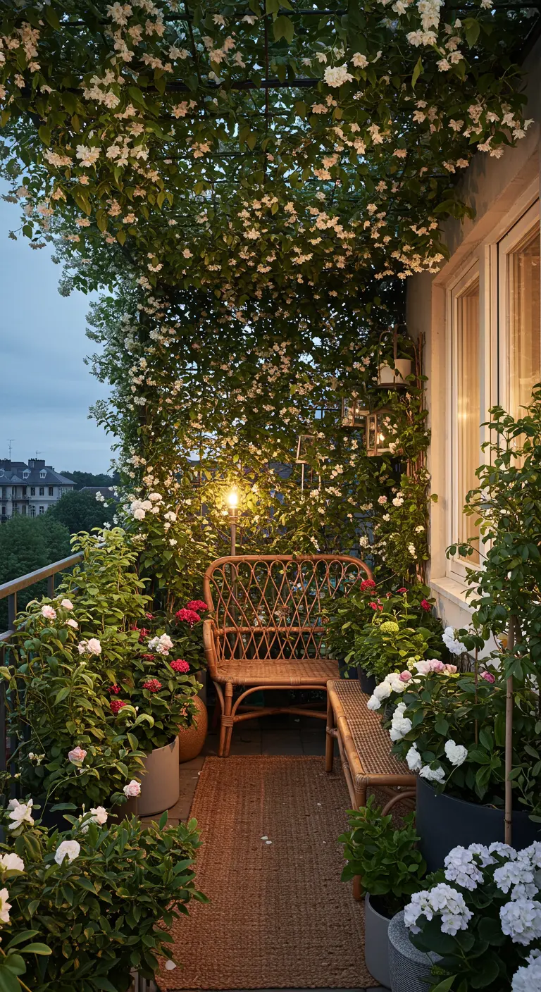 A romantic balcony at dusk, covered in climbing white roses and other white flowers.