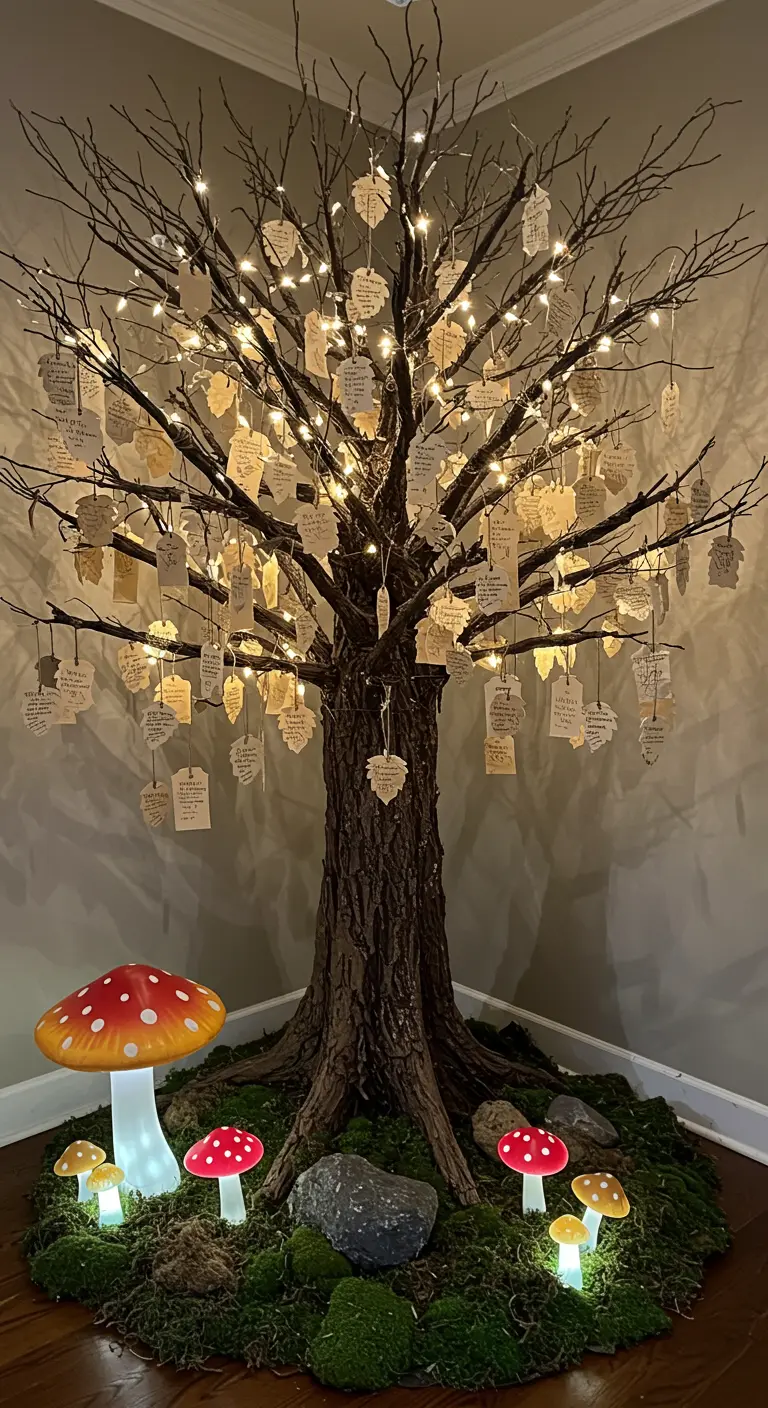 A bare-branch tree decorated with lights and hanging paper wishes, surrounded by mushroom lights.