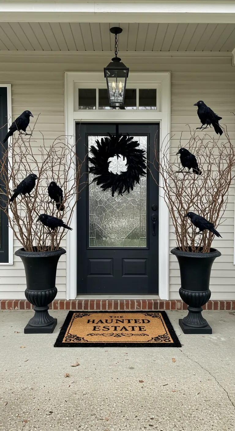 Front porch decorated with black urns filled with branches and crows, flanking a black door.