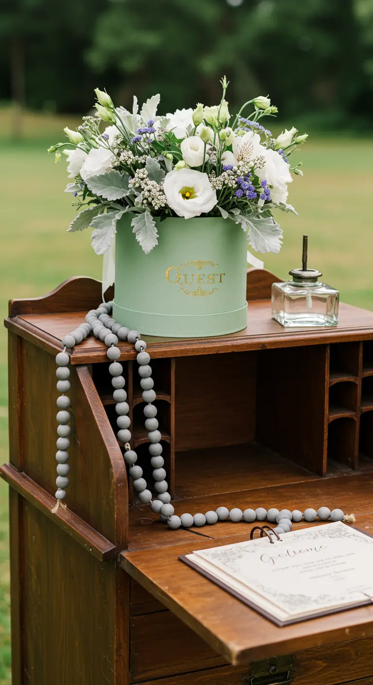 Mint green hatbox of flowers on a vintage desk with a guestbook and grey bead garland.