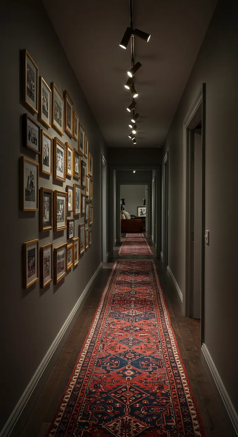 A long, dark hallway with a gallery wall on one side and a colorful Persian runner on the floor.