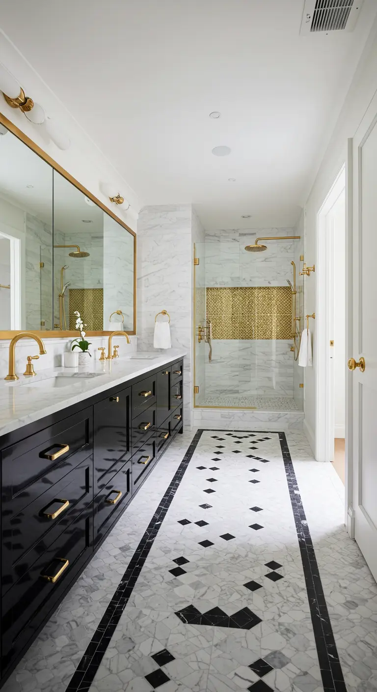 Long bathroom with a black vanity and a marble floor featuring a black geometric tile runner.