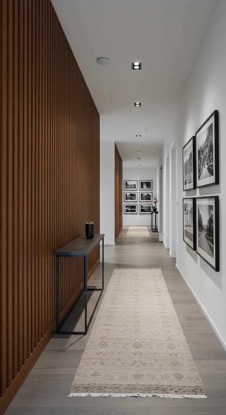Long hallway with a slatted wood accent wall and a neutral runner.