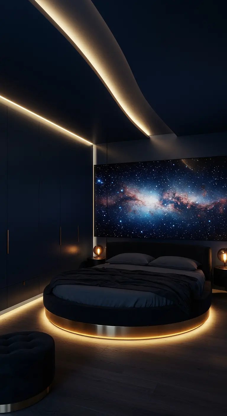 Modern dark bedroom with a round bed and a curved LED light on the ceiling.