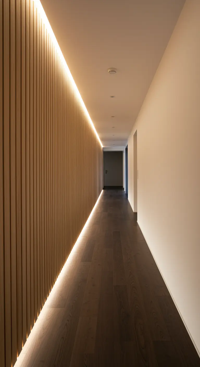 Long hallway with a wood slat wall illuminated by recessed floor-level lighting.