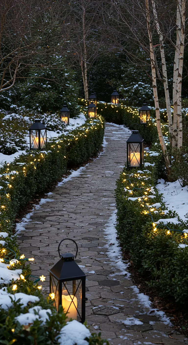 Snowy garden path lined with illuminated hedges and black lanterns filled with candles.