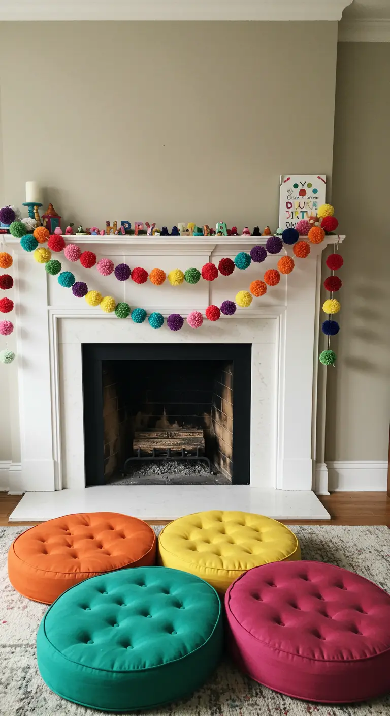 A colorful pom-pom garland draped across a white fireplace mantel.