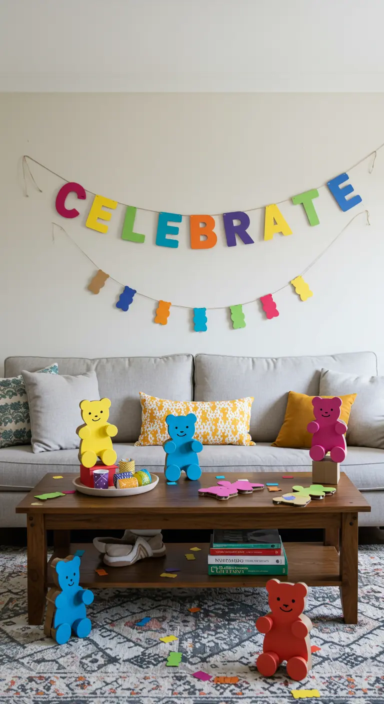 Colorful gummy bear-themed party decorations, including a garland and standees.