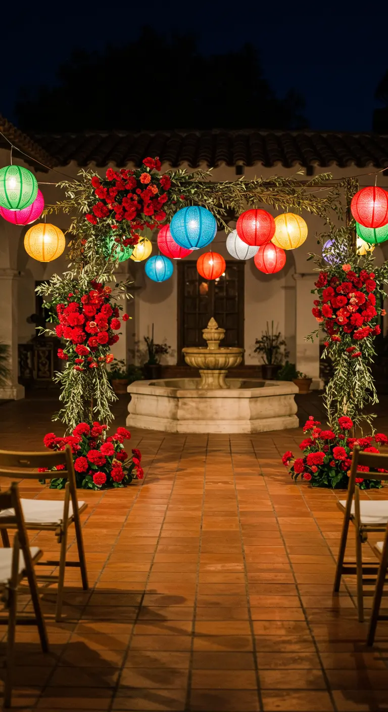 A wedding arch in a Spanish-style courtyard with red flowers and colorful paper lanterns.