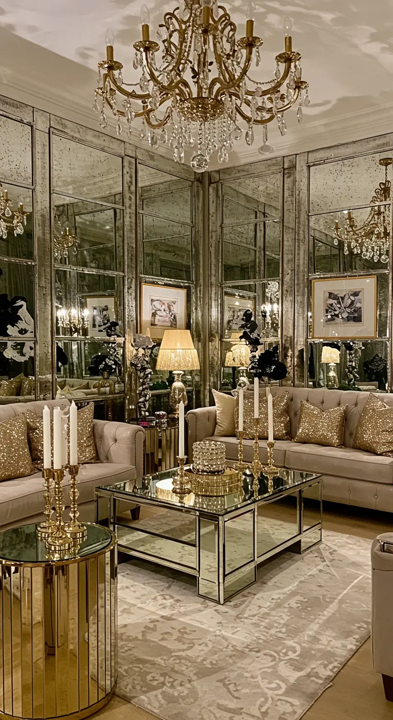 A luxurious living room with antiqued mirrored walls, a gold chandelier, and plush beige sofas.